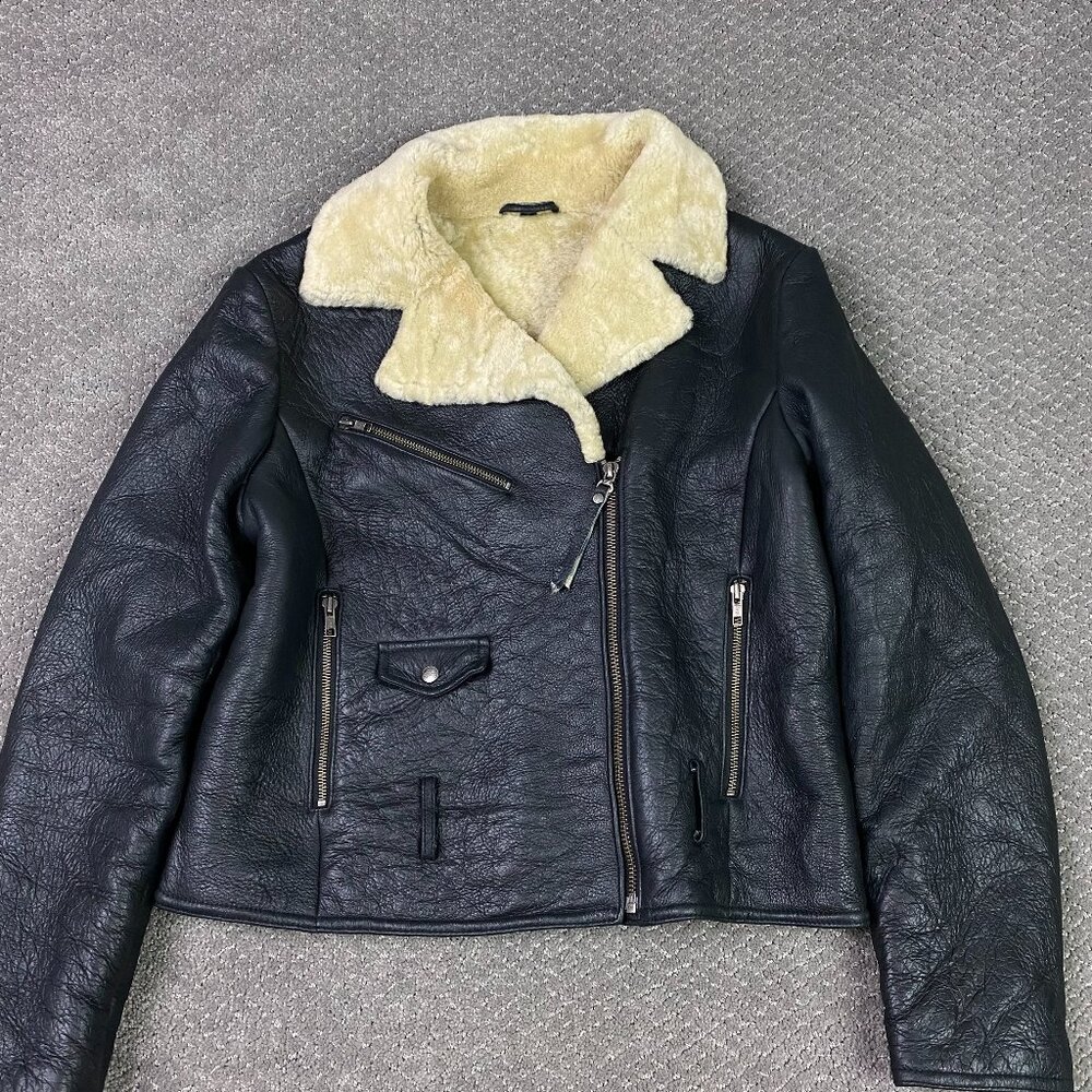 Harley Davidson Leather Jacket Women's Large Black Sherpa Sheep bomber No Belt